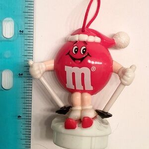 1991…Collectible RED M&M Candy Tube Top Ornament… with Skis!